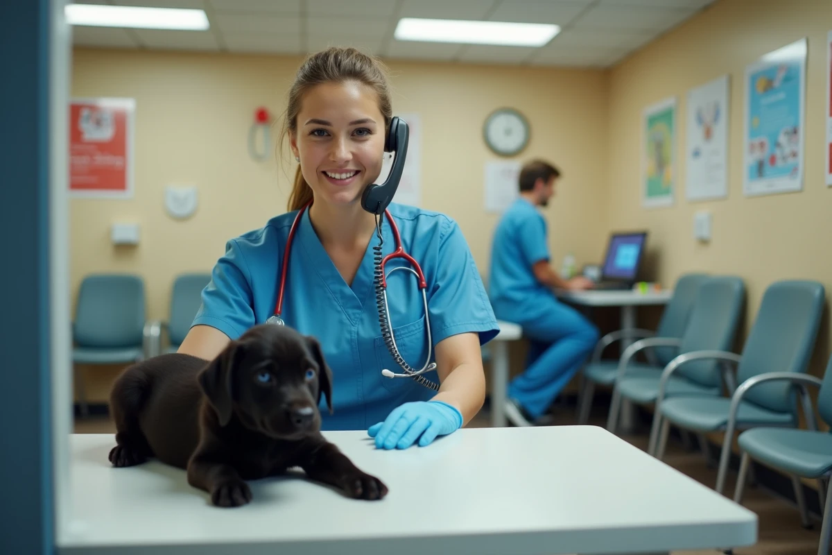 Technicienne vétérinaire au téléphone à l'accueil d'un hôpital vétérinaire d'urgence avec un chiot dans une cage de transport