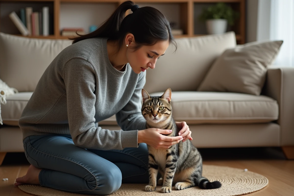 Femme administrant un comprimé vermifuge à son chat tabby à la maison