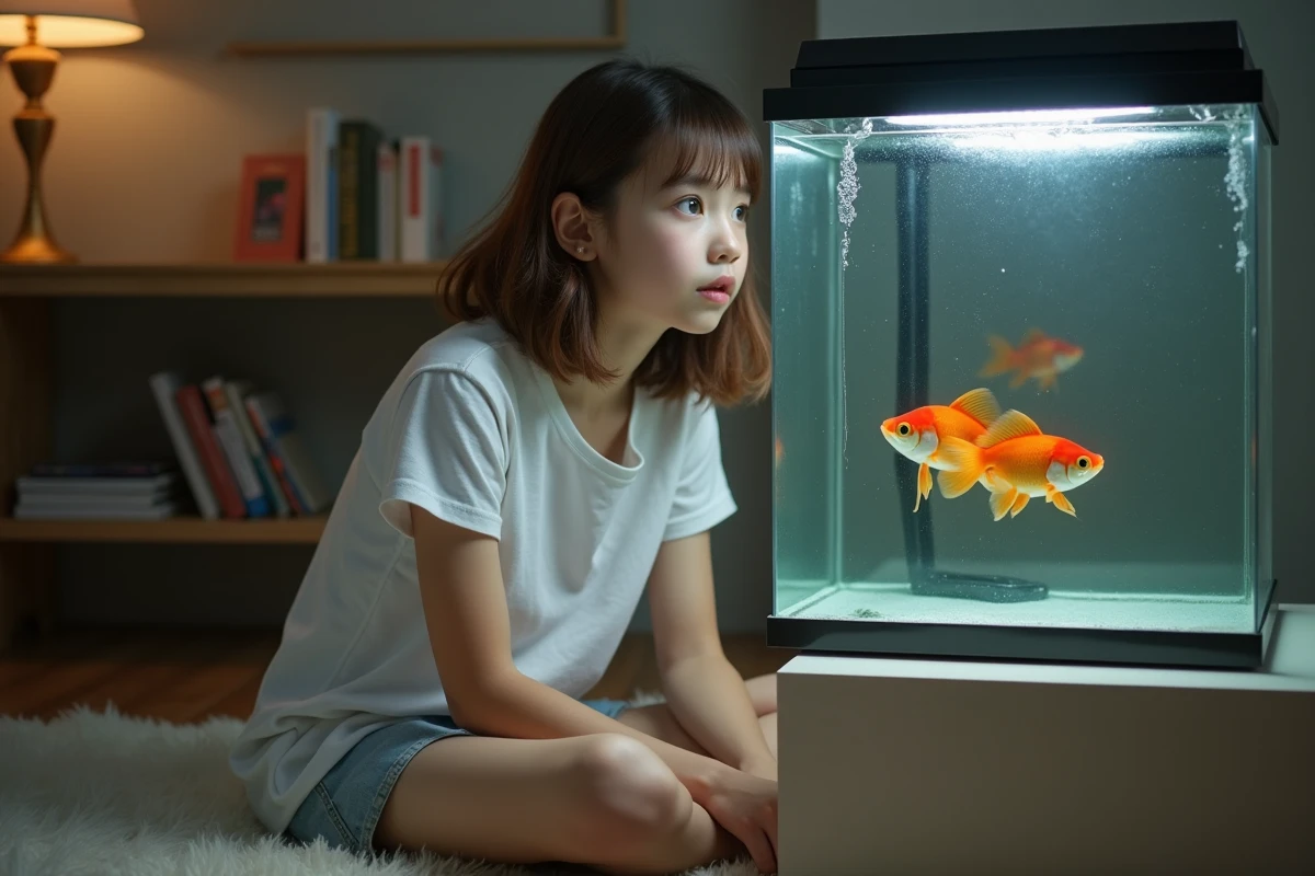Adolescente face à son aquarium, les poissons rouges nageant vers elle en signe de reconnaissance