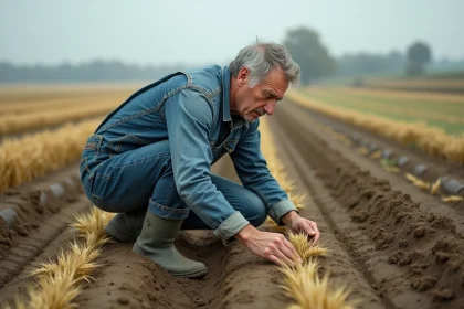Agriculteur inspectant des dégâts de gibier sur sa culture de blé piétinée dans un champ rural