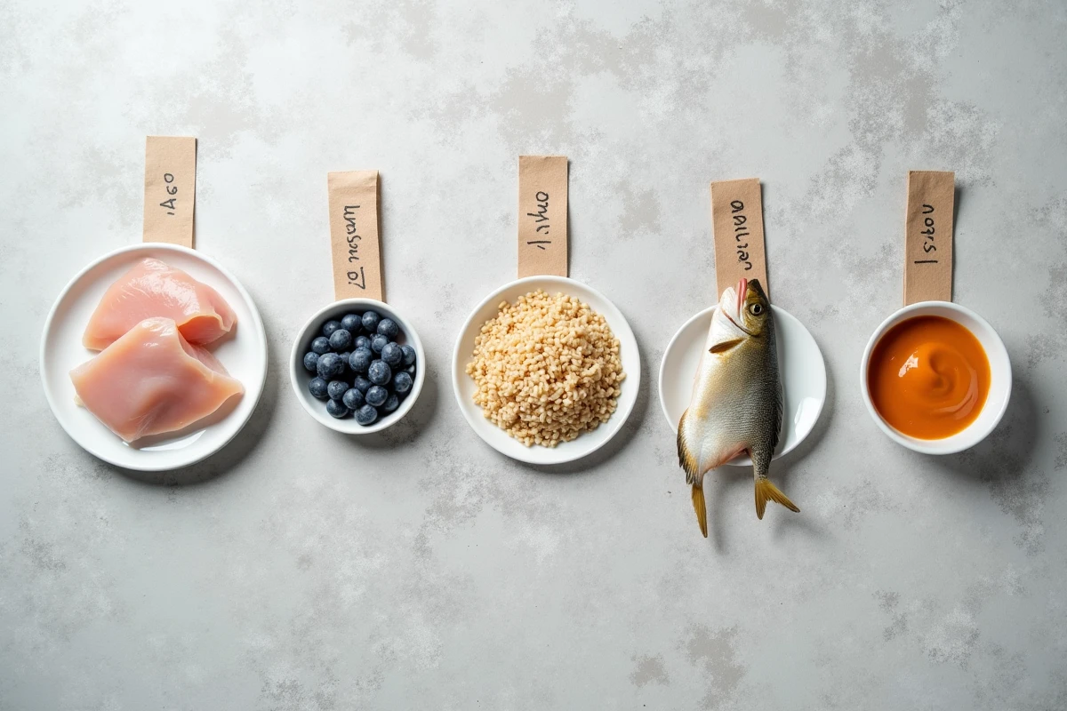 Vue de dessus des cinq aliments les plus sains pour chats au Canada : poulet cru, riz brun, myrtilles, maquereau et purée de citrouille disposés sur béton gris