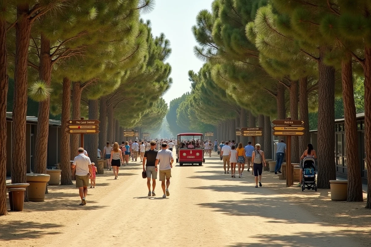 Allée principale du Zoo de La Palmyre animée par des visiteurs en été, panneaux directionnels en bois et train touristique