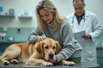 Femme tenant son chien malade chez le vétérinaire pour souscrire une assurance santé animale