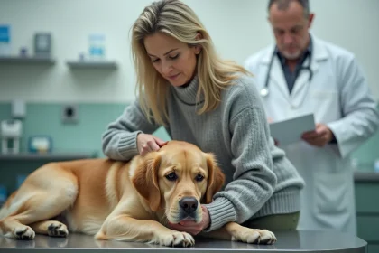 Femme tenant son chien malade chez le vétérinaire pour souscrire une assurance santé animale