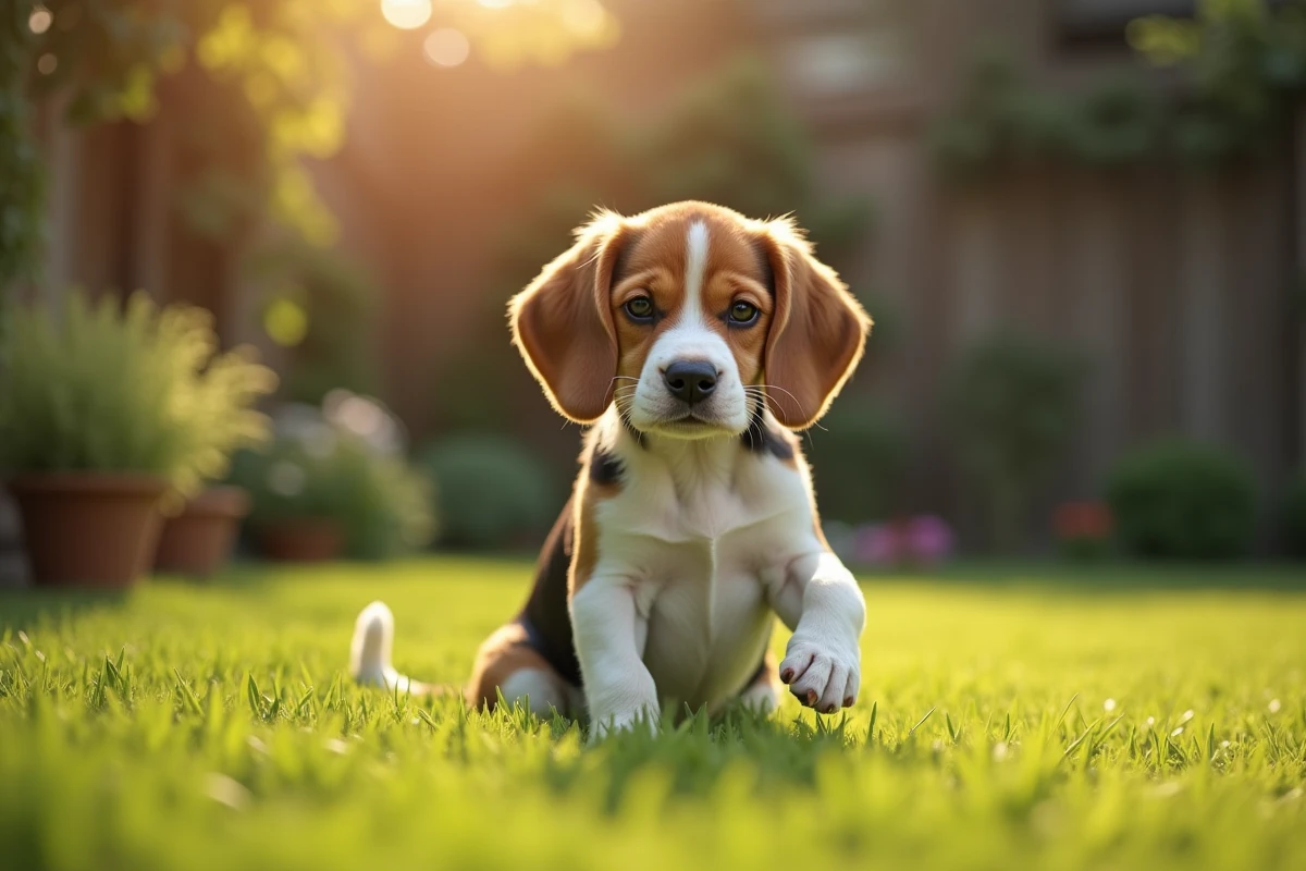 Petit beagle figé dans le jardin avec un regard absent, illustrant une crise d'absence épileptique chez le chien en extérieur