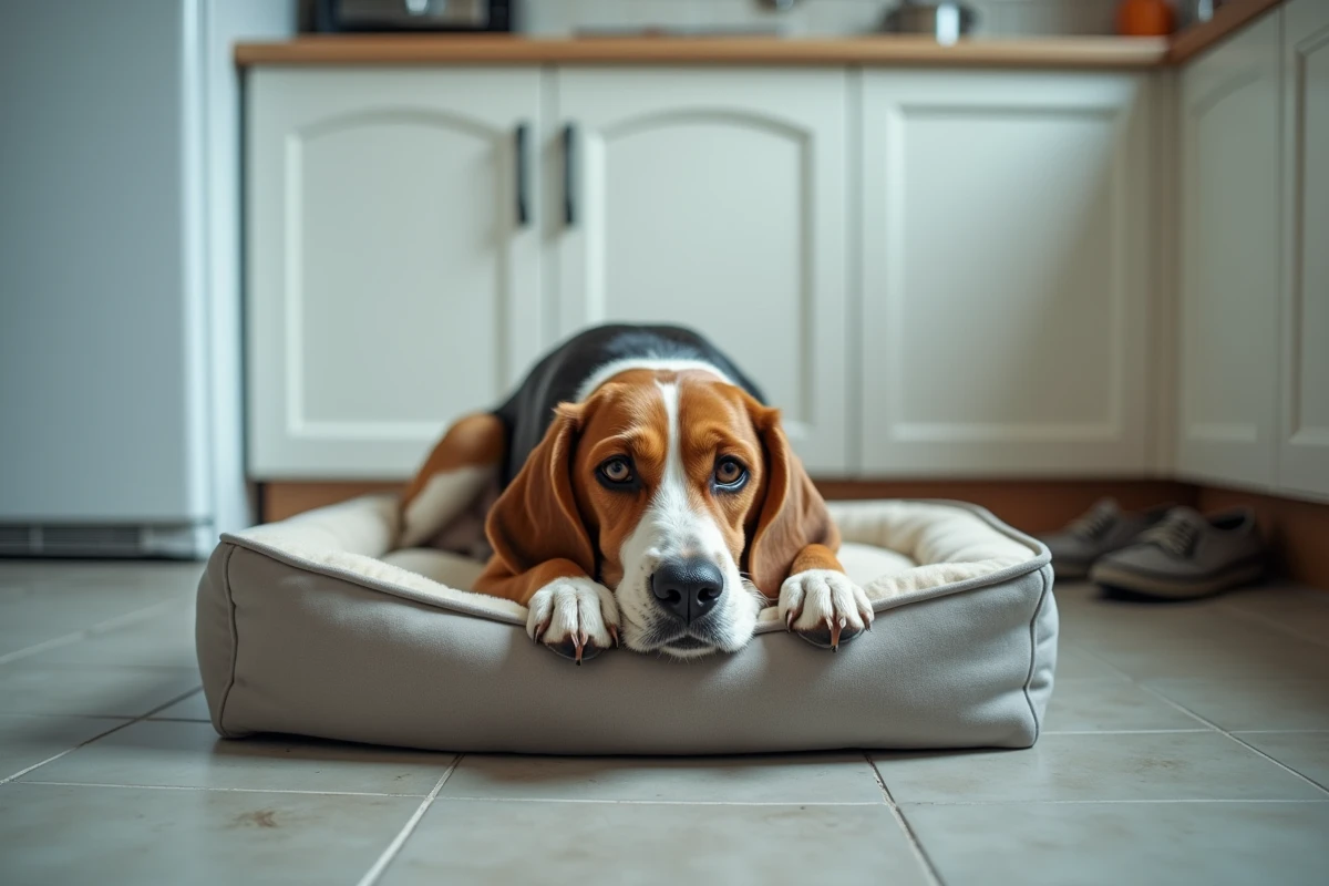 Beagle couché sur son panier dans un coin de cuisine, l'air inquiet et mélancolique après le départ de son maître