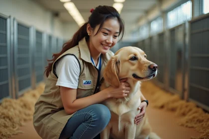 Bénévole d'une organisation de protection animale prenant soin d'un chien dans un refuge moderne
