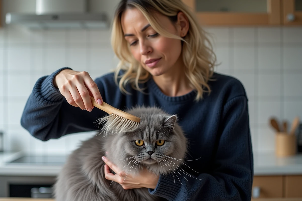 Femme brossant un chat angora gris avec une brosse remplie de poils dans une cuisine moderne
