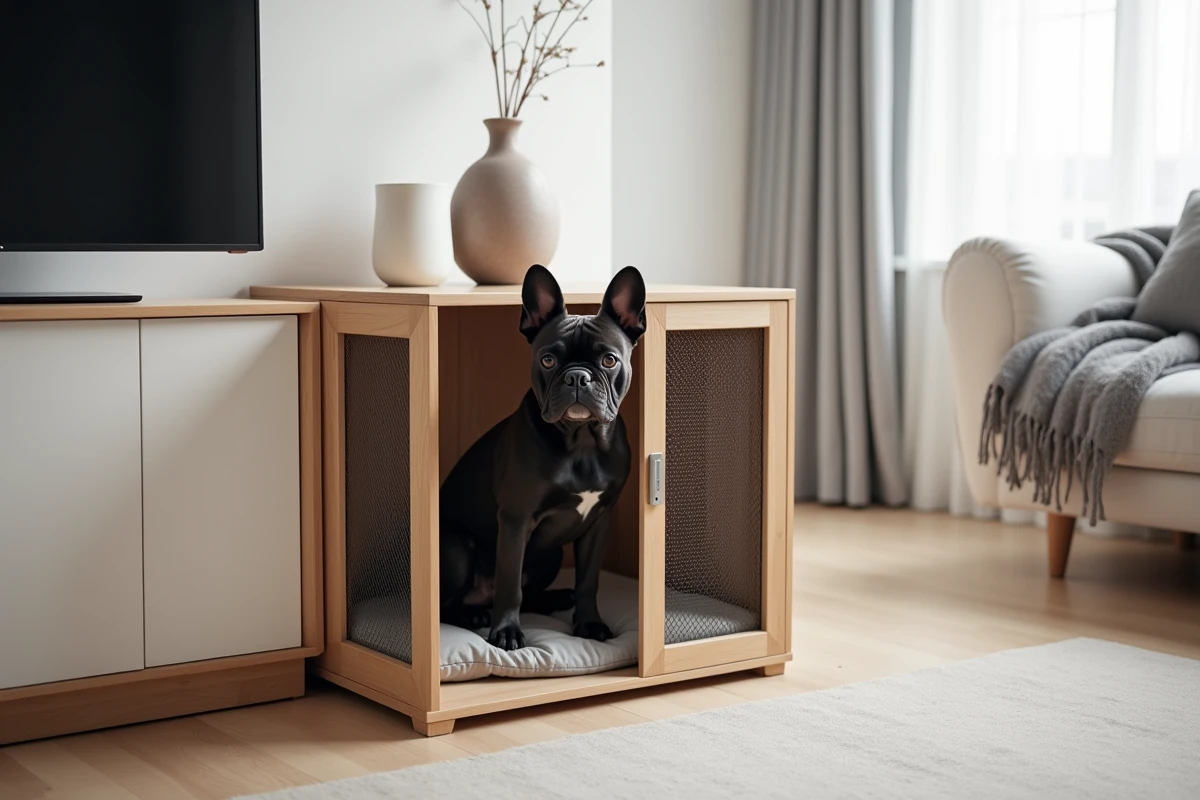 Bouledogue français assis dans une cage en bois style meuble intégrée dans un salon scandinave minimaliste