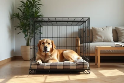 Chien golden retriever couché dans une cage ouverte installée dans un salon moderne avec parquet en bois et canapé beige