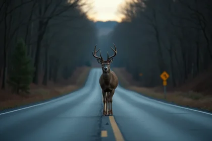 Cerf traversant une route rurale sombre, illustrant le risque d'accident avec un animal sauvage