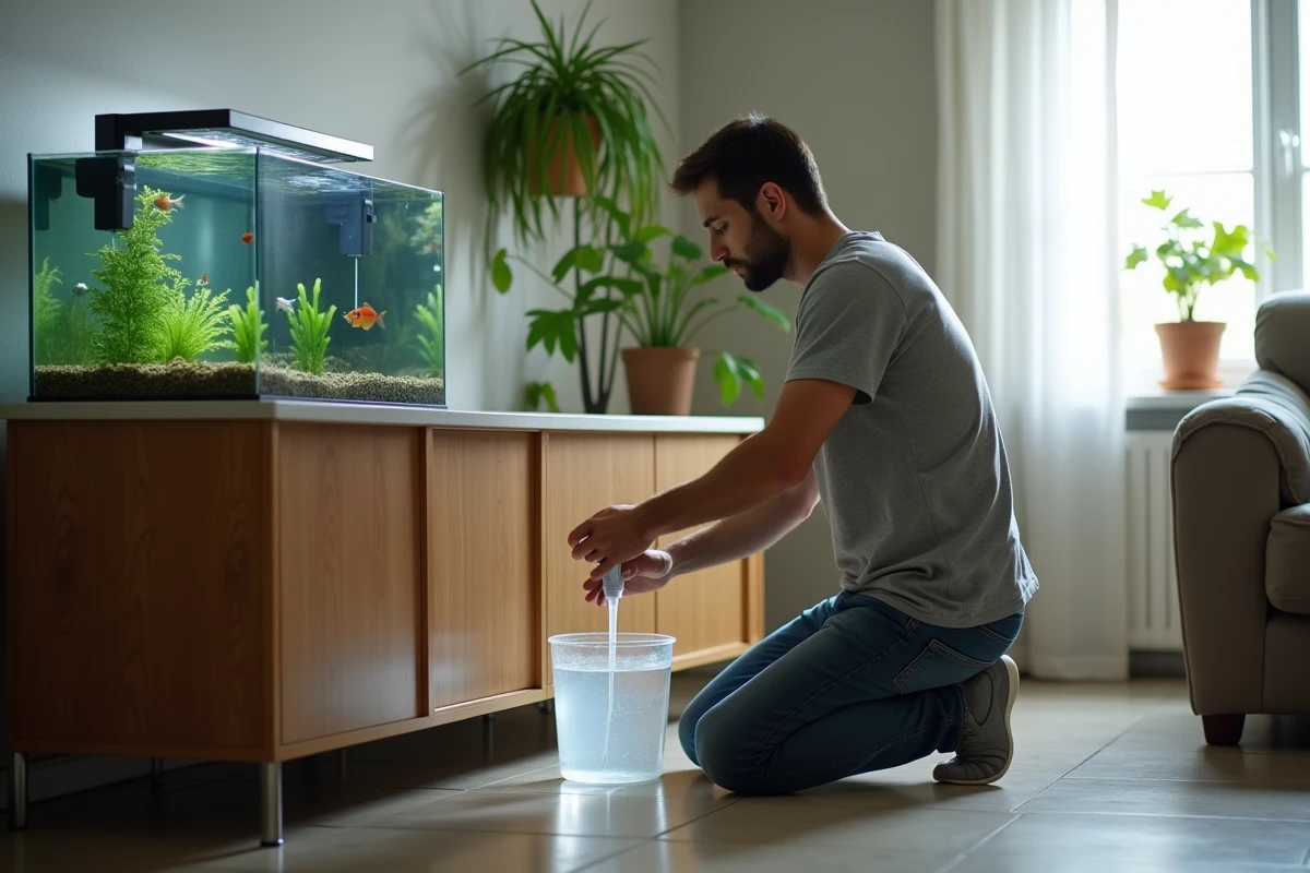 Personne effectuant un changement partiel d'eau dans un aquarium avec siphon après la mort d'un poisson