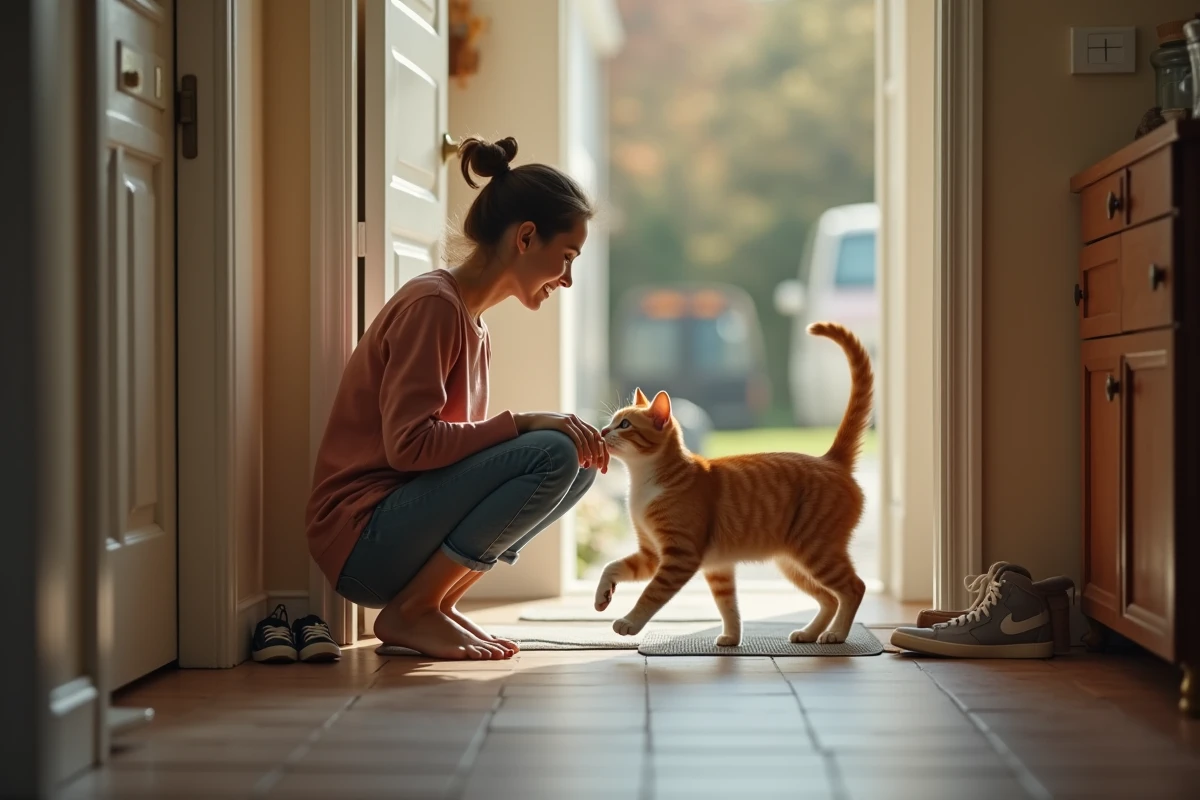 Femme rentrant chez elle accueillie avec enthousiasme par son chat roux dans le couloir d'entrée de son appartement