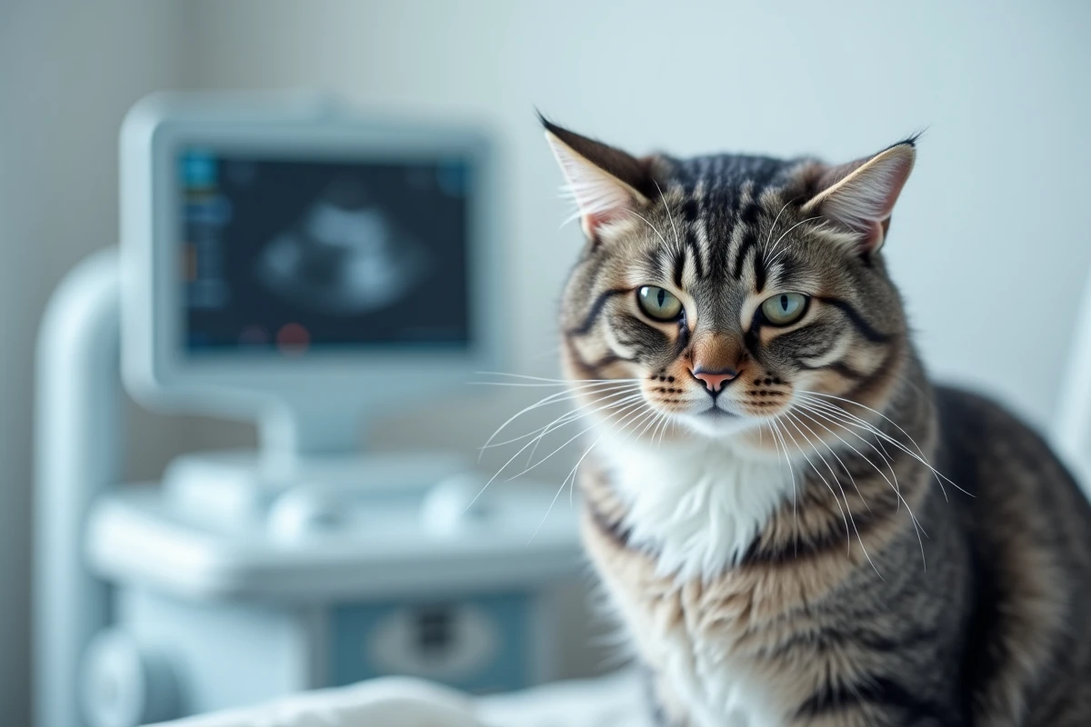 Gros plan d'un chat âgé sur une table vétérinaire avec un appareil d'échographie en arrière-plan flou, illustrant le diagnostic de maladie rénale couvert par Trupanion