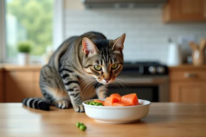 Chat tabby adulte reniflant un bol de saumon frais et petits pois sur un comptoir de cuisine en bois dans une maison canadienne moderne