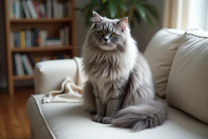 Chat angora gris perdant ses poils sur un canapé en lin beige dans un intérieur scandinave
