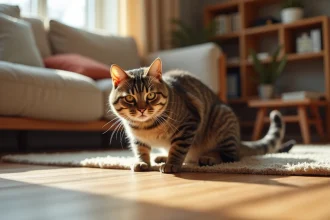 Chat tabby stressé en posture défensive sur le plancher d'un appartement, oreilles aplaties et queue rentrée