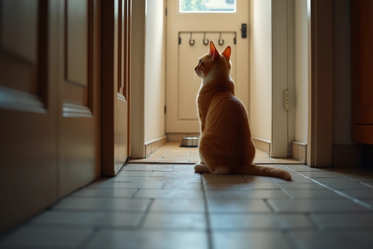 Chat roux assis devant la porte d'entrée fermée attendant le retour de ses maîtres partis en vacances