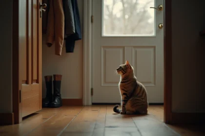 Chat tigré assis seul devant la porte d'entrée, attendant le retour de son maître avec une expression mélancolique