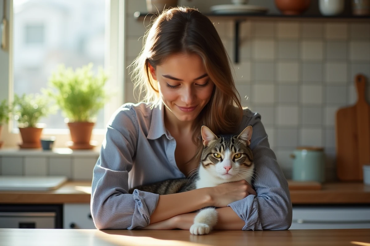Jeune femme tenant son chat gris et blanc contre sa poitrine dans une cuisine lumineuse, le chat aux yeux mi-clos exprimant confiance et bien-être