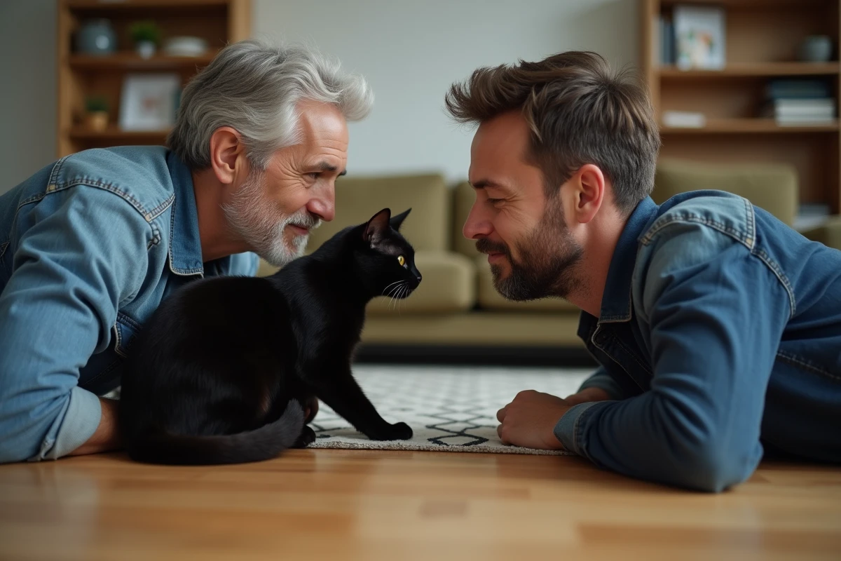 Homme allongé sur un parquet face à son chat noir, se regardant dans les yeux avec confiance, illustrant la communication silencieuse entre un félin et son maître