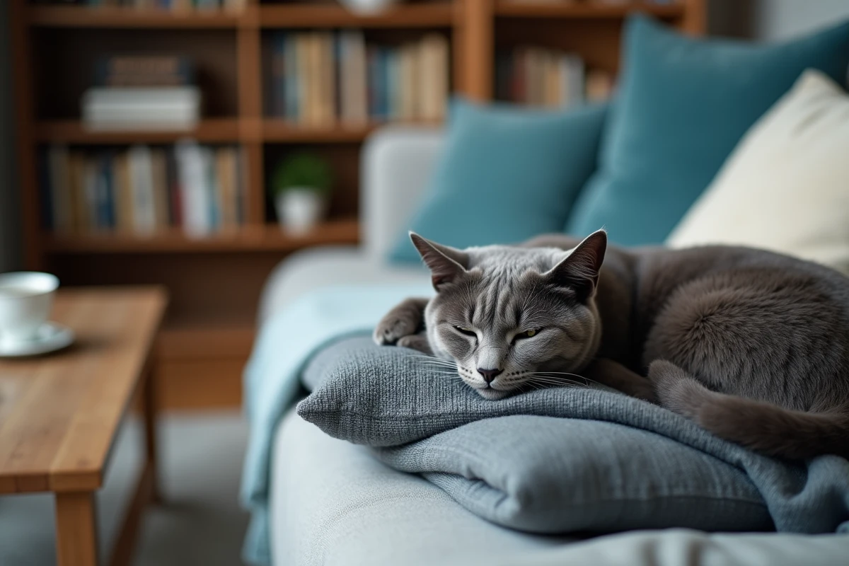 Chat gris couché sur le canapé, la tête posée sur un pull de son maître absent, dans un salon vide et chaleureux