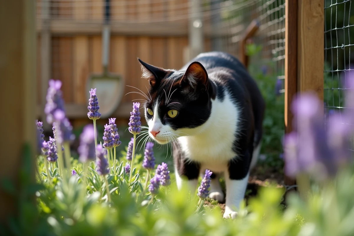 Chat noir et blanc à l'intérieur d'un enclos de jardin sécurisé en bois et grillage, explorant des plants de lavande