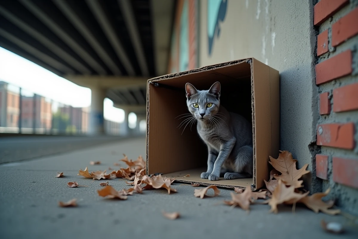 Chat errant gris réfugié dans un abri en carton sous un pont urbain