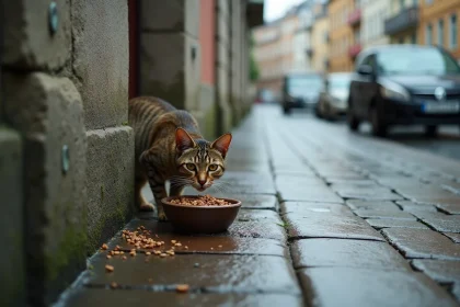 Chat errant tabby méfiant reniflant une gamelle posée sur un trottoir mouillé en ville
