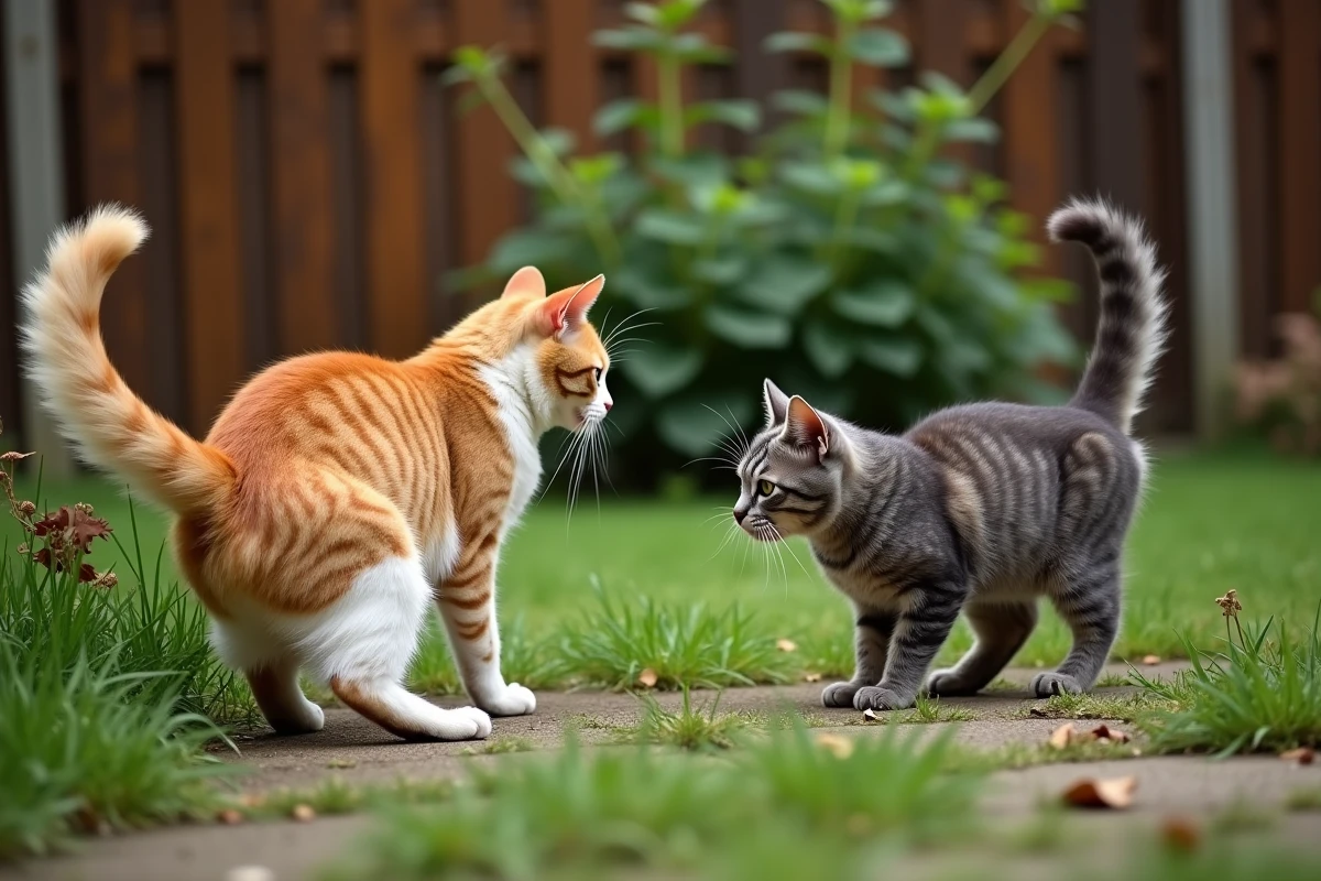 Deux chats dans un jardin, l'un en posture d'intimidation territoriale et l'autre qui recule vers la clôture