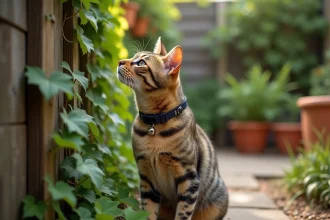 Chat tigré assis près d'une clôture en bois dans un jardin verdoyant, portant un collier avec une clochette