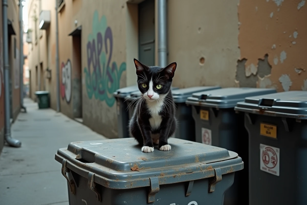 Chat noir et blanc maigre posé sur une poubelle dans une ruelle, signes de malnutrition et d'errance visibles