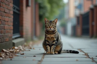 Chat errant seul sur un trottoir urbain sans collier, l'air méfiant, potentiellement perdu ou abandonné