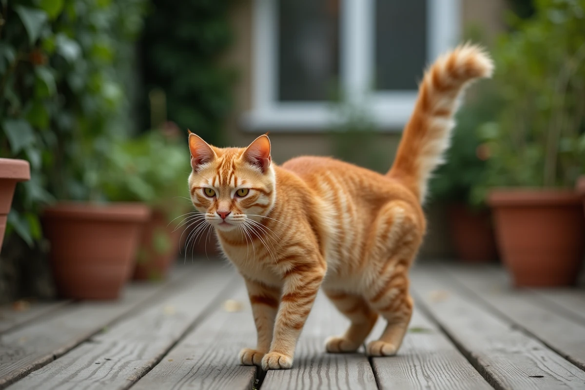 Chat domestique roux en posture défensive avec fourrure hérissée, signes de stress après une confrontation avec un prédateur
