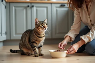 Chat tigré regardant avec attention une femme déposer une gamelle de nourriture humide sur le sol de la cuisine
