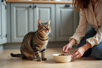 Chat tigré regardant avec attention une femme déposer une gamelle de nourriture humide sur le sol de la cuisine