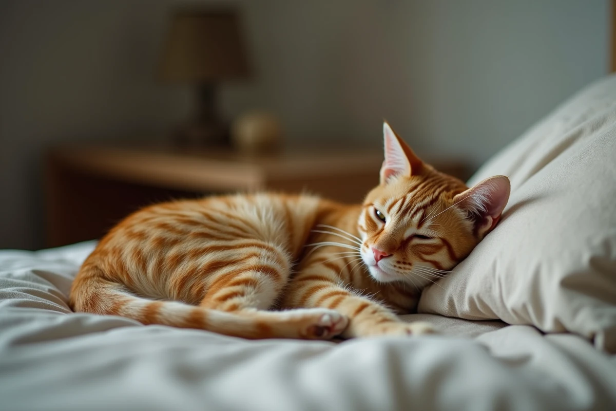 Chat roux allongé près d'un panier vide symbolisant la solitude après la mort d'un autre chat
