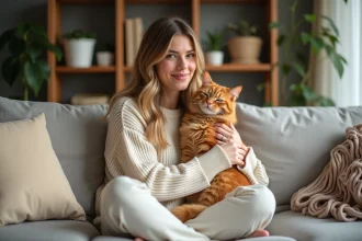 Femme qui serre affectueusement son chat roux contre son visage sur un canapé en lin, illustrant le lien émotionnel entre un chat et son propriétaire