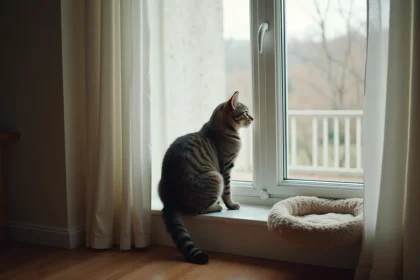 Chat gris tabby assis seul sur un rebord de fenêtre après la perte d'un compagnon félin