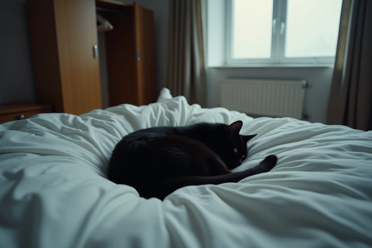 Chat noir recroquevillé seul sur un lit défait dans une chambre vide après le départ en vacances de ses propriétaires