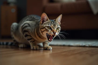 Chat tabby en posture défensive avec oreilles aplaties et pupilles dilatées, signes comportementaux évocateurs de la rage