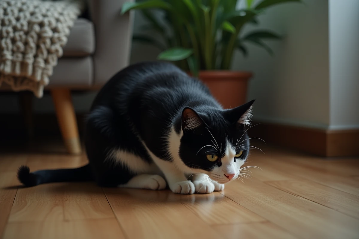 Chat noir et blanc en position recroquevillée dans un coin du salon montrant des signes d'urgence vétérinaire