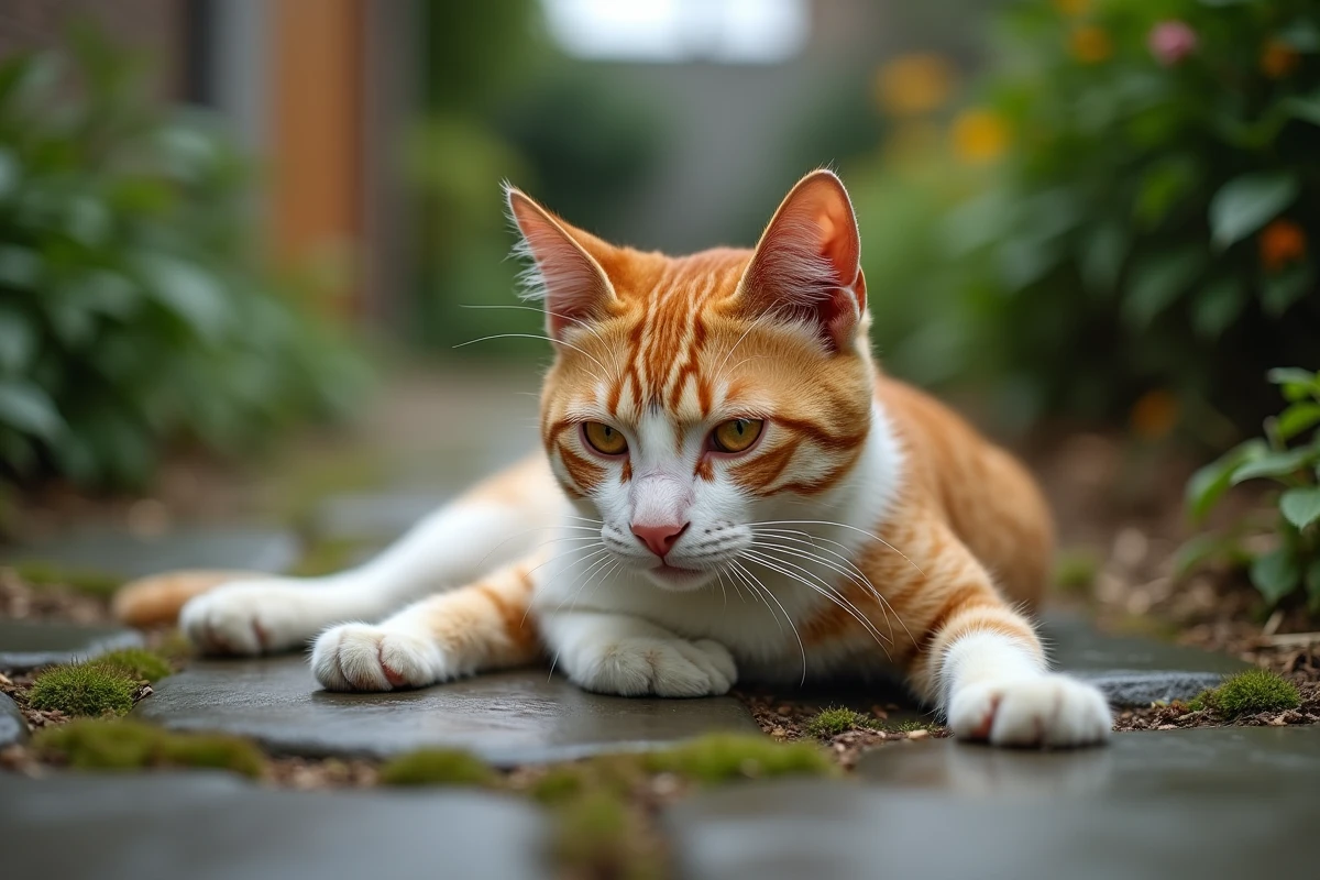 Chat orange allongé sur un chemin de jardin avec un comportement désorganisé et un regard absent, symptômes neurologiques associés à la rage