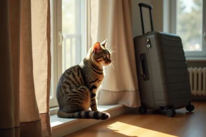 Chat tabby assis seul sur un rebord de fenêtre regardant dehors pendant que les valises sont prêtes au fond de la pièce