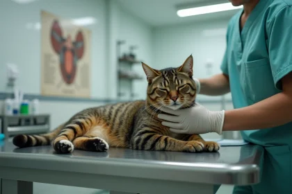 Chat tabby allongé sur une table d'examen vétérinaire avec un vétérinaire qui l'ausculte lors d'une urgence