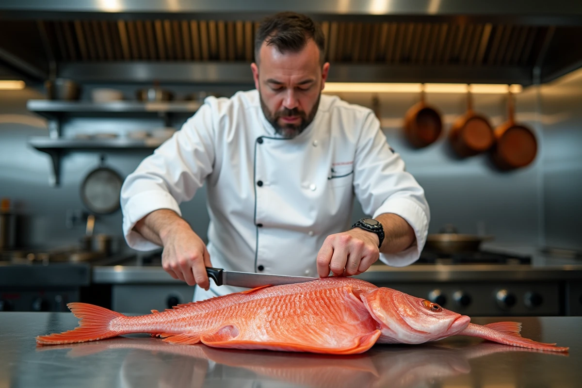 Chef cuisinier en train de lever les filets d'un poisson opah dans une cuisine professionnelle, révélant la chair rosée et marbrée caractéristique de ce poisson