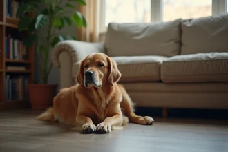 Chien golden retriever à l'air triste assis sur un plancher en bois dans un salon, oreilles tombantes et regard mélancolique