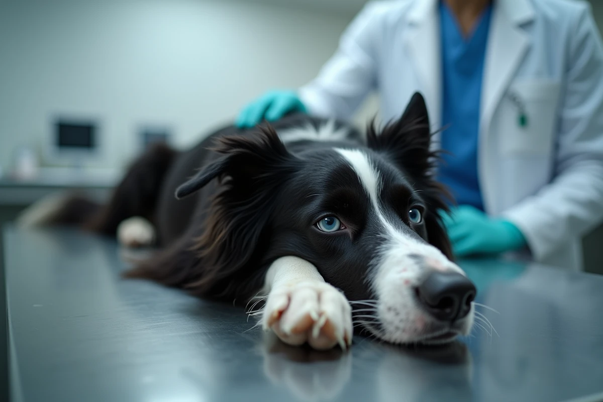 Border collie examiné par un vétérinaire lors d'un épisode de crise d'absence neurologique sur une table de consultation