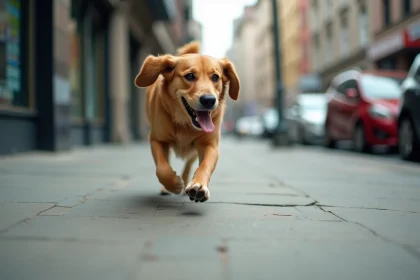 Chien golden retriever courant sur un trottoir en béton en ville, illustrant l'impact de la course sur sol dur pour les chiens