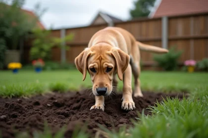 Chien labrador brun en train de creuser un trou dans un jardin avec de la terre sur les pattes